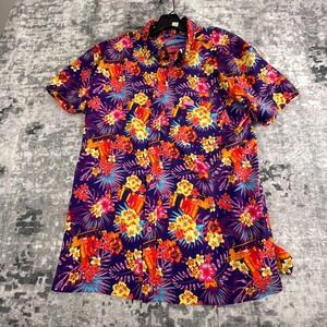 Retro Rifle Men XL Shirt Multi Color Vector Floral Submachine Gun Short Sleeve